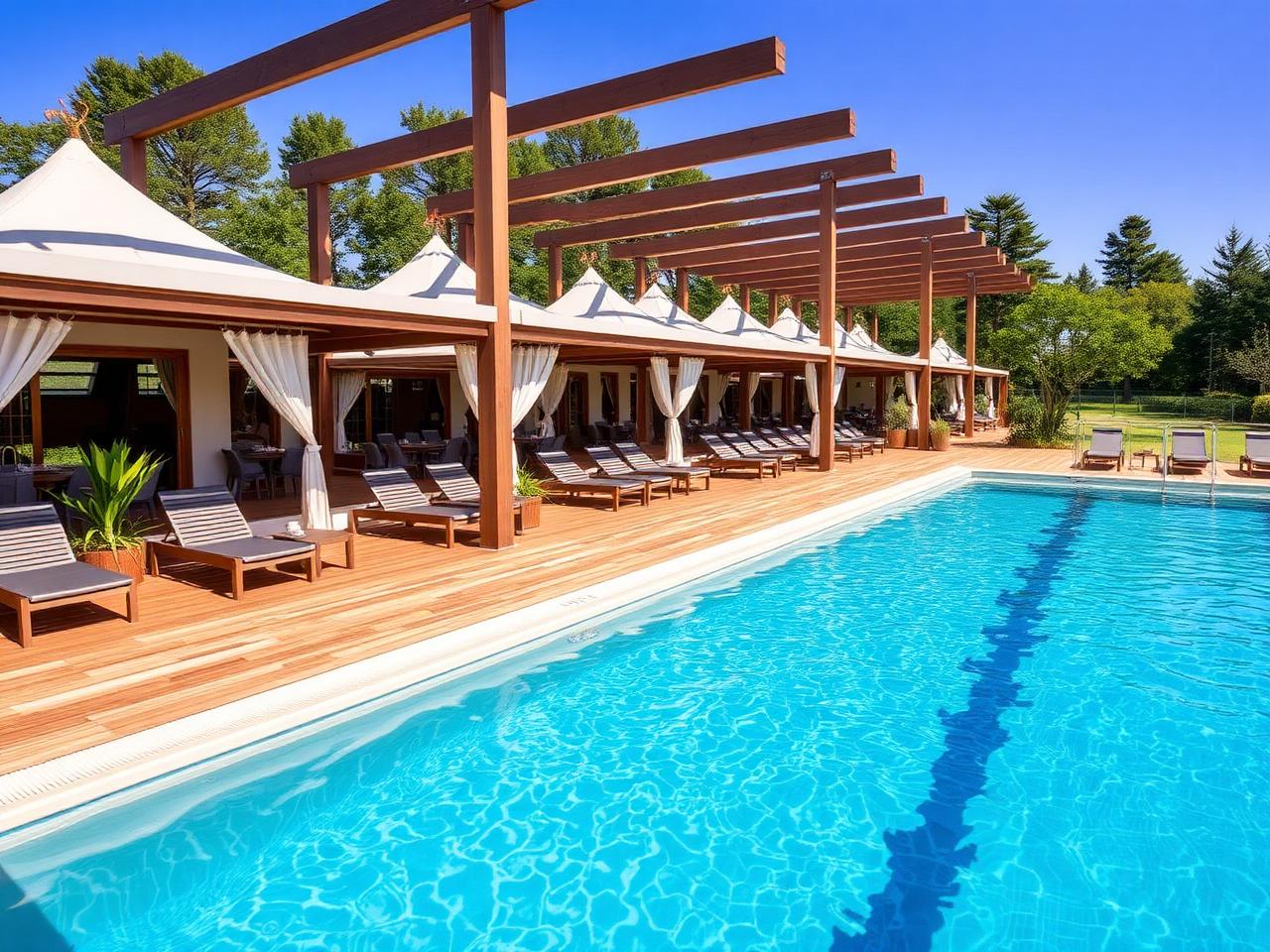 Espace aquatique de camping avec piscine, deck en bois et transats