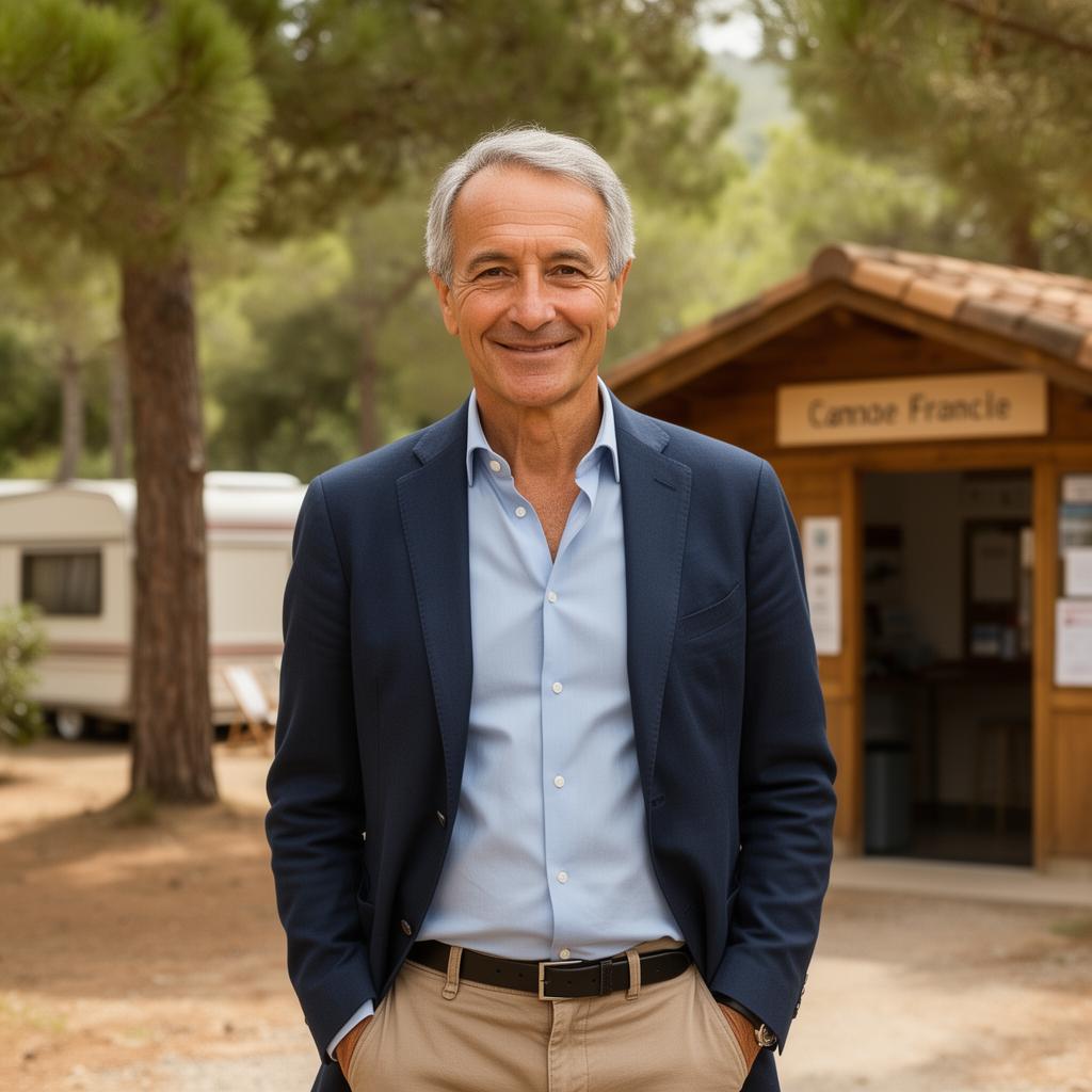 Le fondateur de CAMP'ACHATS, devant l'accueil d'un camping