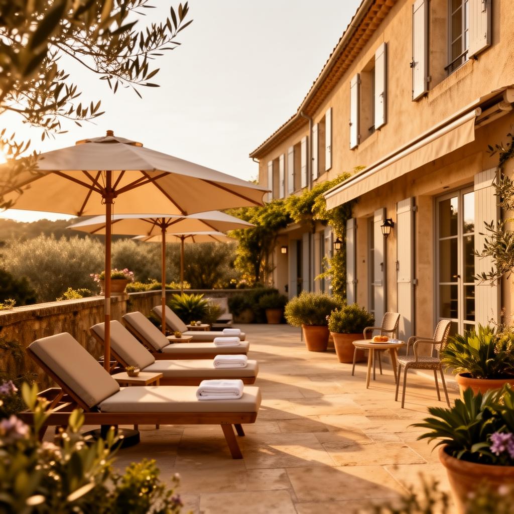 Terrasse ensoleillée d'un hôtel indépendant avec transats, parasols et plantes méditerranéennes