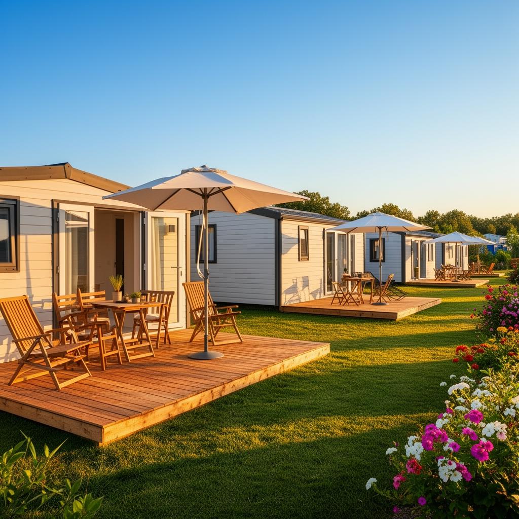 Rangée de mobil-homes et chalets modernes dans un camping de plein air